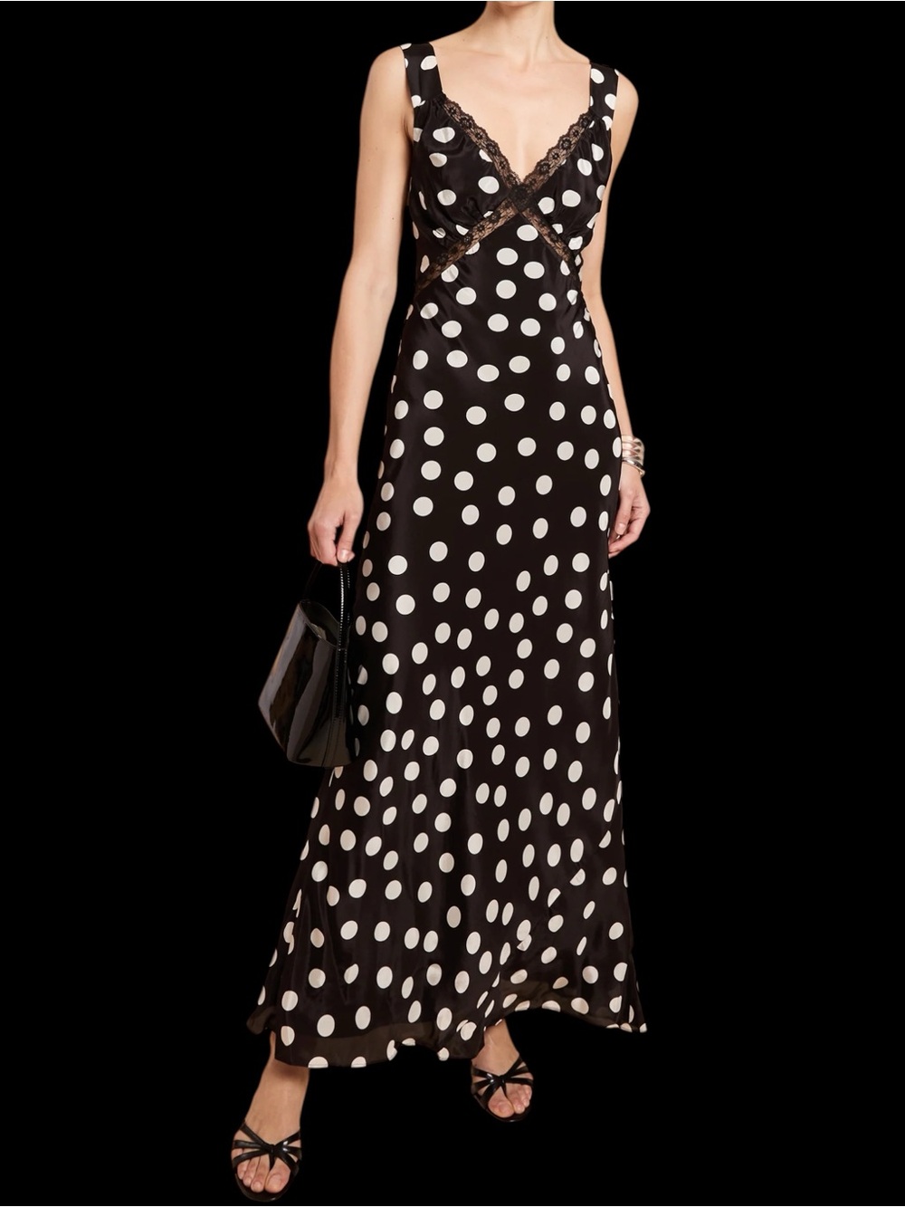Few Moda Kourt Sutton Dress Polka Dot Lace-Trim Maxi Dress Black White NWT